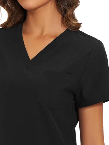 Vista 4 de floralhue Conjunto de ropa quirúrgica para mujer con cuello en V y Negro