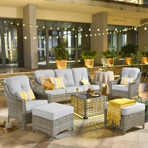 Vista 23 de ovios Muebles de patio al aire libre de 4 piezas con sofá de 3 asientos, juego de cubierta de mimbre de ratán con respaldo alto, sofá individual