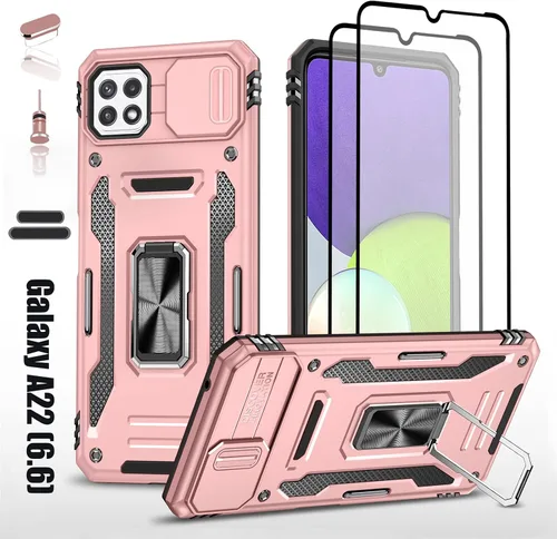 Vista 10 de Funda resistente para Samsung Galaxy A22 (5G), protector híbrido de goma de doble capa de grado militar con protector de cámara deslizante, soporte