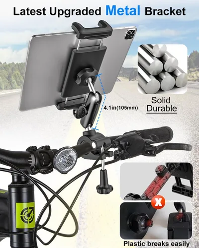 Vista 2 de Soporte para tableta de bicicleta, abrazadera para manillar, brazo de metal antivibración, soporte universal para iPad para cinta de correr