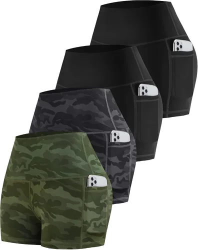 Vista 28 de CHRLEISURE - Pantalones cortos de ciclismo para mujer con bolsillos de licra, cintura alta, con control de abdomen para entrenamiento, yoga