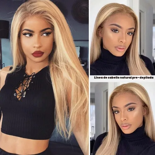 Vista 3 de Pelucas de encaje frontal rubio con reflejos, cabello humano 13x4, malla frontal transparente HD, estilo ombre, color marrón dorado a rubio