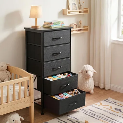 Vista 6 de Fixwal Cómoda negra alta y delgada para dormitorio, organizador de almacenamiento estrecho con 5 cajones de tela, muebles de mesita de noche
