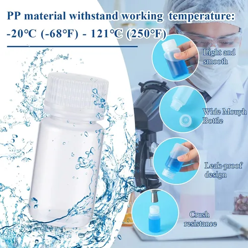 Vista 3 de Hoolerry 20 piezas 2 oz 60 ml botellas de muestra de plástico de grado laboratorio de polipropileno de boca ancha botellas de reactivo con tapas