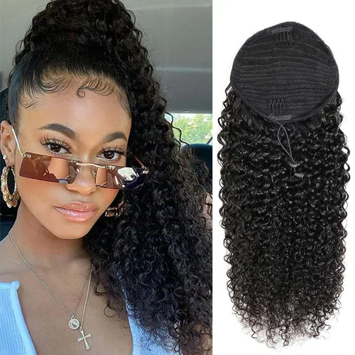 Vista 12 de Cola de Caballo de Cabello Humano Corto Rizado Crespo Envolvente con Clips Extensiones de Cola de Caballo de Pasta Mágica 120g/juego Pieza