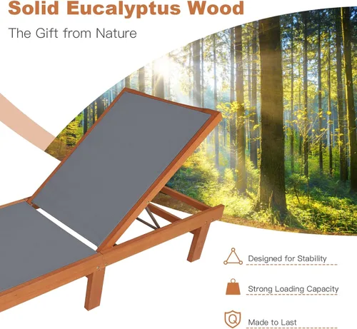 Vista 6 de Tangkula Sillón de madera para exteriores, tumbona de patio con respaldo ajustable de 5 posiciones, sillón reclinable de madera de eucalipto con Gris