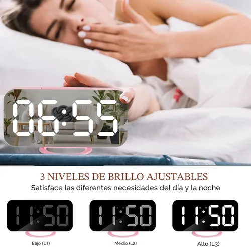 Vista 4 de Lamisola Despertador digital rosa para niñas, gran reloj de escritorio con espejo LED, 2 puertos de carga USB, relojes estéticos y elegantes