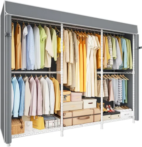 Vista 11 de ULIFHOME E14C - Sistema organizador de armario resistente, estantes de ropa independientes para colgar ropa, perchero ajustable de 58 pulgadas