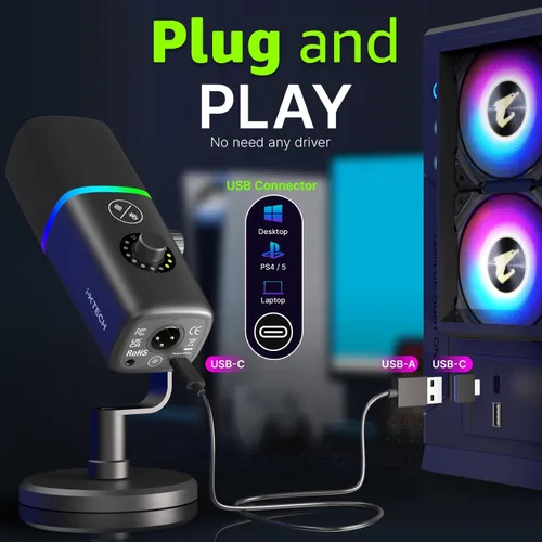 Vista 7 de IXTECH - Micrófono USB para juegos para PC, micrófono condensador con cancelación de ruido para podcasts y transmisión de video con soporte