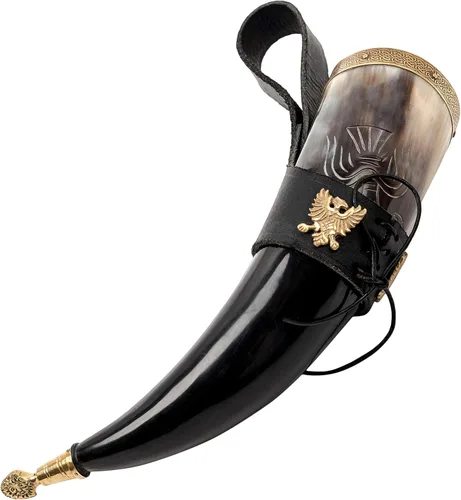 Vista 7 de Mythrojan Cuerno vikingo para beber 100% natural, auténtico, decoración de latón, cuerno nórdico con funda de cuero negro, bolsa de lona para vino