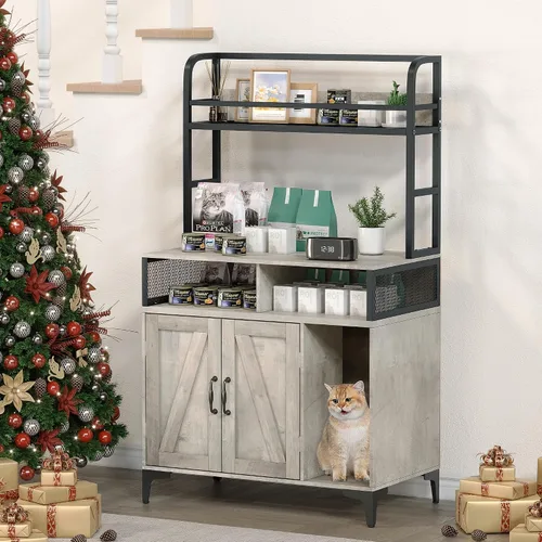 Vista 5 de Caja de arena para gatos con almacenamiento de estantes, muebles ocultos, gran caja de arena oculta para gatos, almacenamiento de madera para baño
