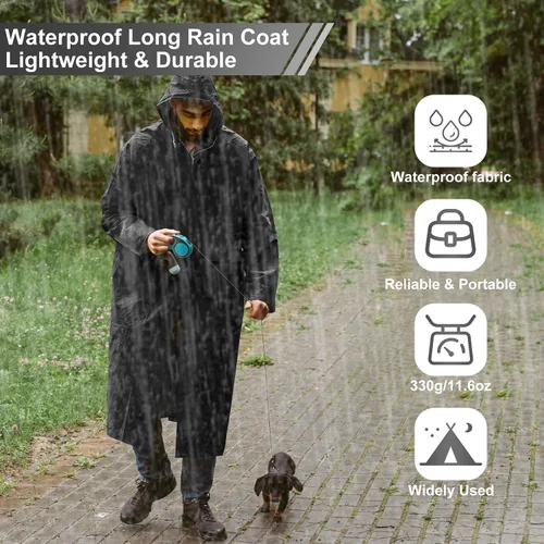 Vista 3 de LAMA Impermeable largo con capucha para mujer, impermeable de longitud completa con bolsillo y cremallera, ropa impermeable plegable, impermeable