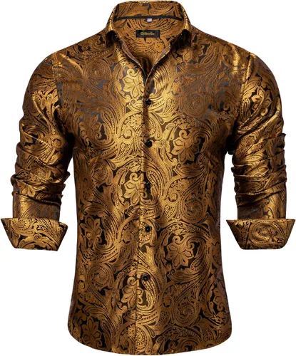 Vista 55 de DiBanGu Camisa de vestir de paisley de seda para hombre, formal, de manga larga, con cuello abotonado, camisas informales para fiesta de boda Negro
