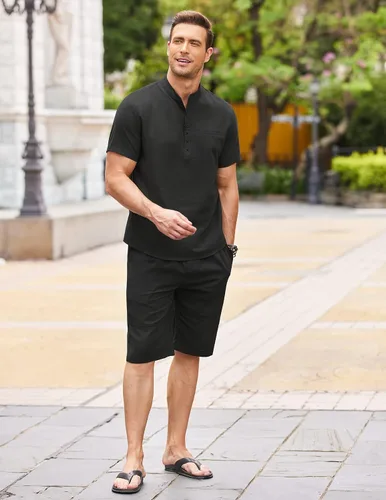 Vista 2 de COOFANDY Conjunto de 2 piezas de lino para hombre, camisas y pantalones cortos Henley de manga corta y pantalones cortos de verano para playa y yoga