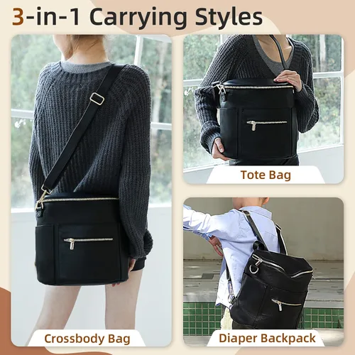 Vista 2 de miss fong Pequeña bolsa de pañales mini bolsa de pañales, mochila de cuero para pañales con 14 bolsillos, bolsillos aislados y correa para el hombro
