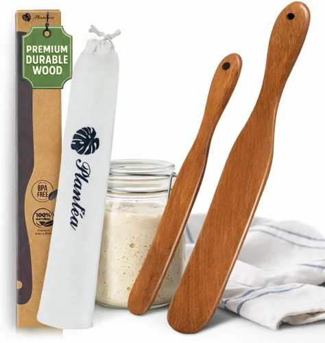Vista 10 de Juego de 2 espátulas de madera para cocinar, 12 pulgadas, espátula plana de madera de acacia y aleta para hierro fundido, huevos, panqueques