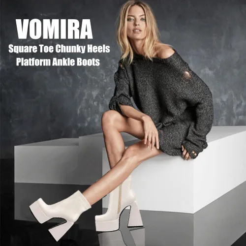 Vista 2 de VOMIRA Botas de plataforma para mujer punta cuadrada tacón alto con cremallera lateral punk cosplay vestido corto