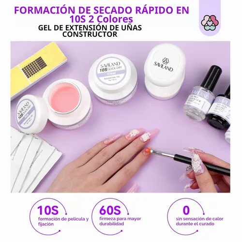 Vista 4 de Kit de gel para uñas de secado rápido Saviland - Gel duro formador rosa claro con mini luz UV, geles superiores, deshidratador, imprimación