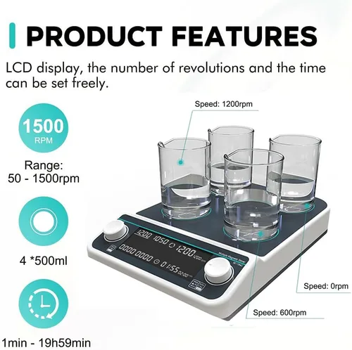 Vista 3 de Magnetic Stirrer 2L, Multi Position with 4 Stirring Points, Speed 50-1500 RPM, Timer, LED Display for Laboratory and Chemical Research