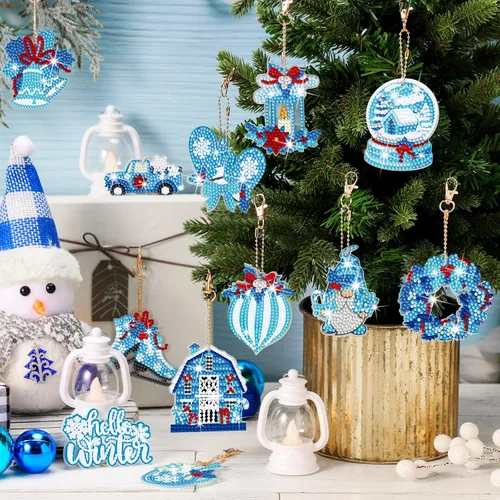 Vista 6 de BBTO 15 piezas de llavero de pintura de diamante de Navidad adornos de arte de diamantes de invierno muñeco de nieve, guantes de invierno