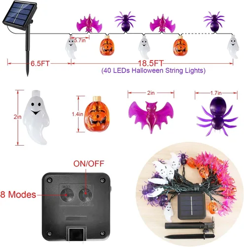 Vista 3 de Cadena de luces de Halloween con energía solar, 40 LED, 8 modos, resistente al agua, encendido/apagado automático, para uso en exteriores