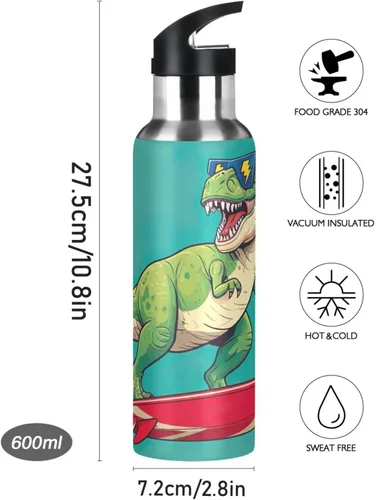Vista 9 de BPA-Free Sports Water Bottle 20 Oz, Insulated Water Bottle for Gym Outdoor Travel School, Cool Green Rex Dinosaur Teal