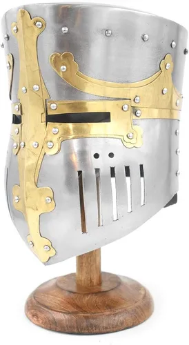 Vista 3 de Medieval Warrior Templar Brass Crusader Casco de caballeros Para adultos Disfraces medievales Soporte libre