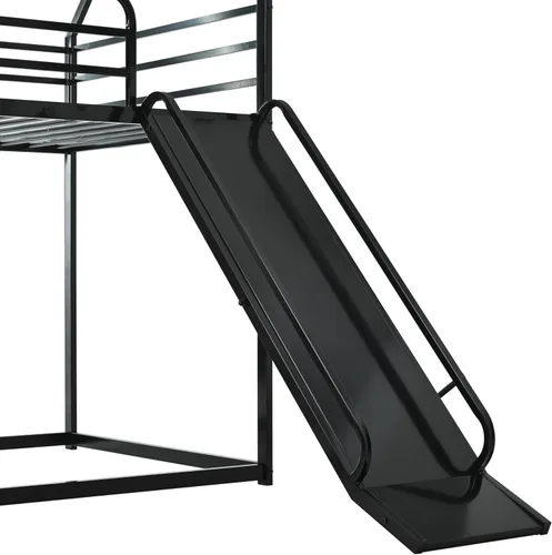 Vista 6 de Litera de cama individual sobre individual con tobogán, marco de cama en forma de casa con escalera, estructura de cama baja de servicio pesado