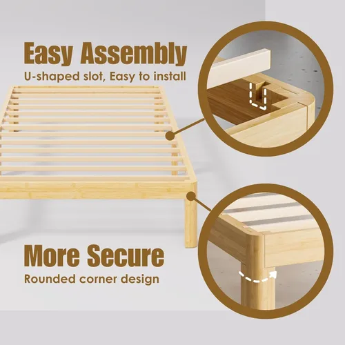 Vista 6 de Marco de cama de madera de bambú de 14 pulgadas con soporte de listones de metal Marco resistente reforzado, soporte de listones de metal,