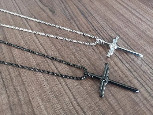 Vista 3 de Collar de cruz para hombre, plata y oro negro de acero inoxidable con colgante de cruz para hombres, regalo de graduación para él