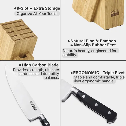 Vista 3 de Cooks Standard Juego de cuchillos de acero inoxidable de 6 piezas con bloque de bambú expandible para ranuras adicionales
