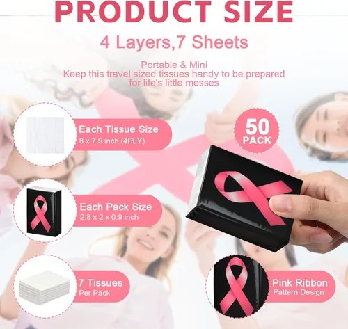 Vista 2 de Ireer Pañuelos faciales de viaje con cinta rosa para concientización sobre el cáncer de mama, 50 unidades, Hope Care, regalo para sobrevivientes