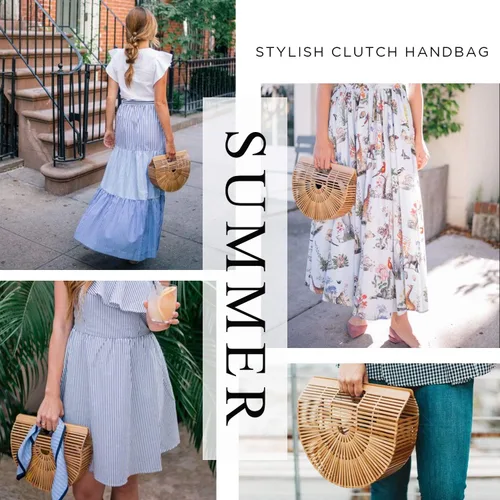 Vista 4 de Bolsas de bambú para mujer, bolsas de paja de verano, bolsos de playa de madera, cesta con asa