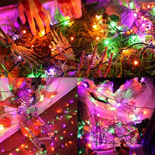 Vista 9 de Luces de Halloween - Tira de luces naranjas, verdes y moradas con 8 modos, guirnalda resistente al agua de 82 pies con 200 luces LED para decoración