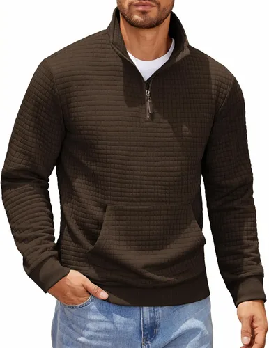 Vista 21 de COOFANDY - Sudadera con capucha para hombre, manga larga, con cremallera de un cuarto, estilo sarga casual, con bolsillo Verde militar
