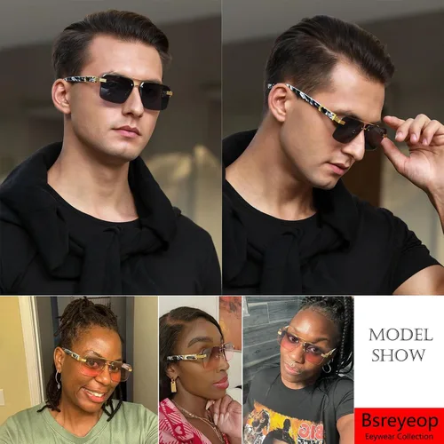 Vista 2 de Bsreyeop Lentes de sol cuadrados de aviador para mujeres y hombres, medio marco, lente de corte de diamante, lentes clásicos degradados