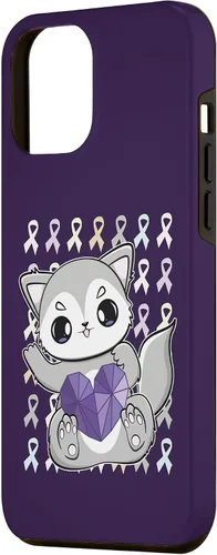 Vista 2 de iPhone 13 Pro Max Lindo Lobo Con Cinta Lavanda Para Caso Concientización Del Cáncer