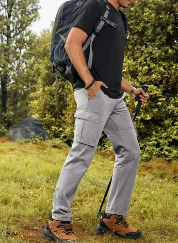 Vista 3 de JMIERR Pantalones cargo para hombre, casuales, de algodón, ajuste relajado, cintura elástica, ligeros, con múltiples bolsillos