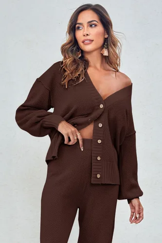 Vista 3 de MAOECO Conjunto de 2 piezas para mujer, suéter de punto y pantalones deportivos de cintura alta