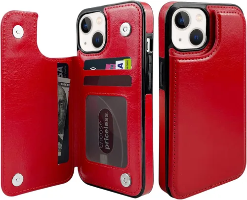 Vista 12 de Funda tipo cartera para iPhone 13 y 14 con soporte para tarjetas, funda trasera de piel sintética, con ranuras para tarjetas, doble cierre
