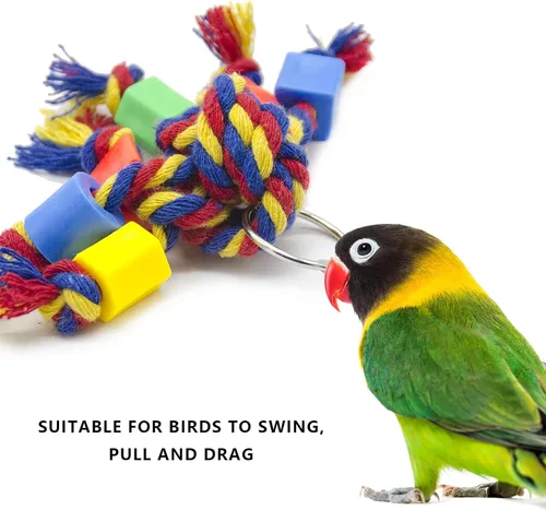 Vista 4 de Zerodis 3 piezas de juguetes para masticar pájaros, periquitos, juguetes de cuerda de algodón coloridos, juguetes de loros, cuentas de cuerda