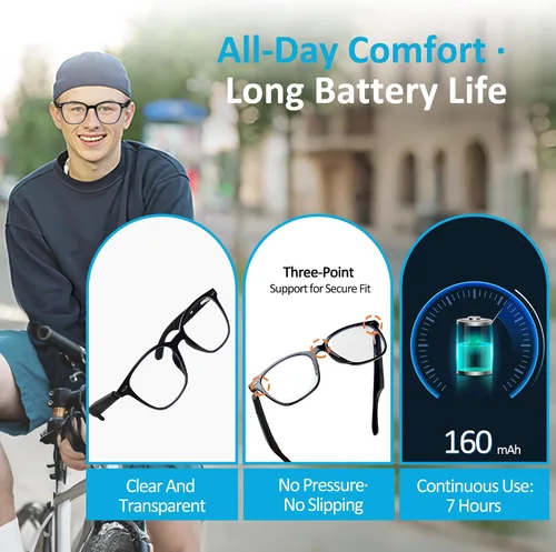 Vista 6 de Lentes Bluetooth inteligentes AI con altavoces de oído abierto y asistente de voz, traducción en tiempo real, lentes de luz anti-azul para negocios