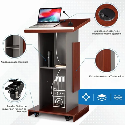 Vista 6 de Soporte de podio de madera con ruedas+soporte de micrófono ajustable, podio portátil de oficina móvil para conferencias, podio de conferencias