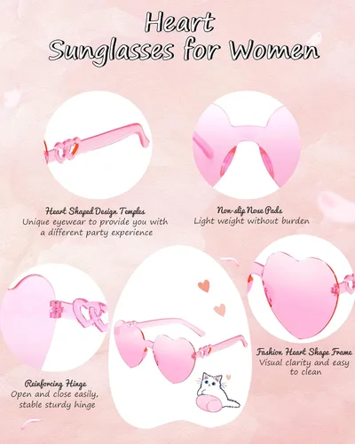 Vista 4 de Lentes de sol con forma de corazón para mujer, lentes de sol con forma de corazón y pierna sin montura para despedida de soltera, regalos de boda