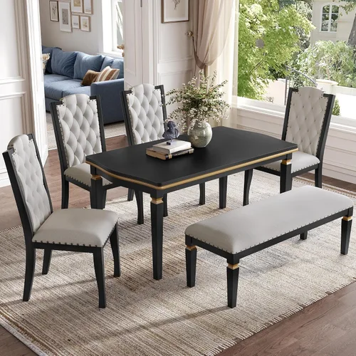 Vista 2 de Harper & Bright Designs 6-Piece Solid Wood Kitchen Dining Table Set, 60" Rectangular Table with 4 High-Back Tufted Upholstered Chairs & 1 Bench for
