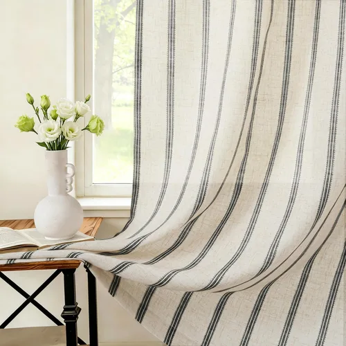 Vista 6 de DriftAway Cortinas de estilo granja con rayas verticales de lino mezclado texturizado con filtro de luz semitransparente para sala de estar