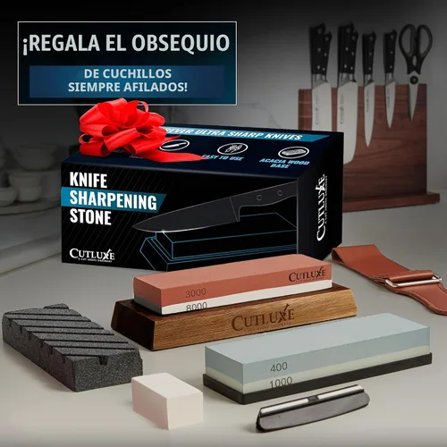 Vista 6 de Cutluxe Afilador de cuchillos Whetstone – Kit de piedra de afilar, profesional de 4 lados grano 400/1000/3000/8000, base de madera de acacia