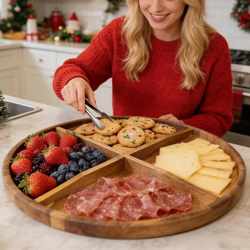 Vista 6 de Utoplike Gran acacia Lazy Susan para mesa, bandeja redonda giratoria para servir, tabla de charcutería de madera de 17.7 pulgadas con borde elevado