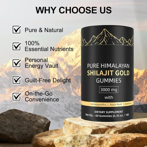 Vista 2 de Gomitas Shilajit, gomitas Shilajit naturales del Himalaya, sin azúcar añadida con Ashwagandha, Gokshura, ácido fúlvico y más de 85 minerales traza
