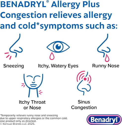 Vista 3 de Benadryl Allergy Plus Congestión Ultratabs, medicamento con difenhidramina HCl antihistamínico y fenilefrina HCl Descongestionante nasal, tabletas